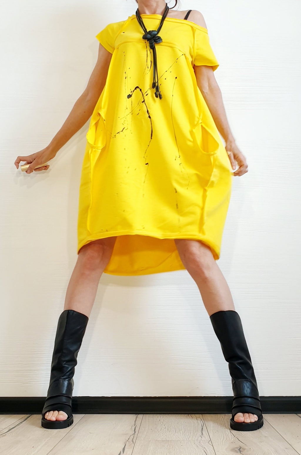 Yellow Extravagant  Dress, One Shoulder Dress, Designer Cotton Tunic Dress, Plus Size Clothing, Asymmetric Dress, Knee Length Dress