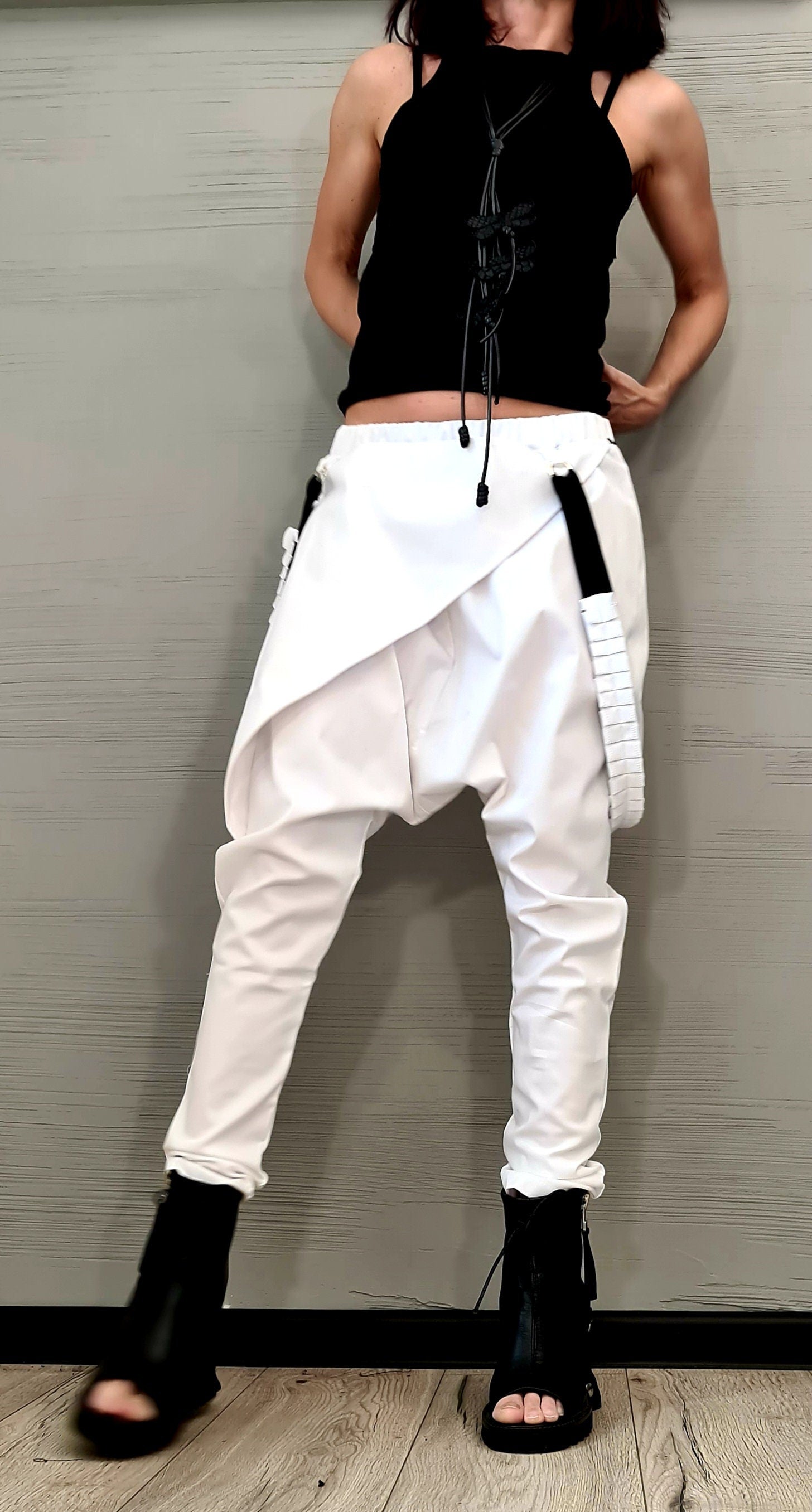 Avant Garde Pants, White Harem Pants Women, Drop Crotch Pants, Extravagant Pants, Casual Pants, Urban Pants