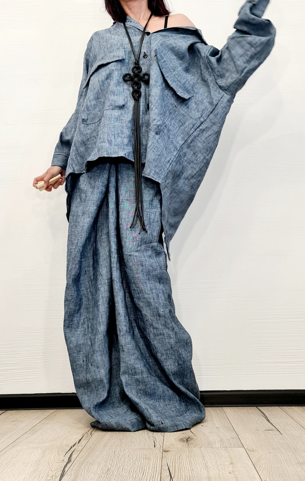 Extravagant Linen Women Set, Sexy Open Back Shirt, Women Harem Pants, Loose Linen Pants Shirts, Asymmetric Women set
