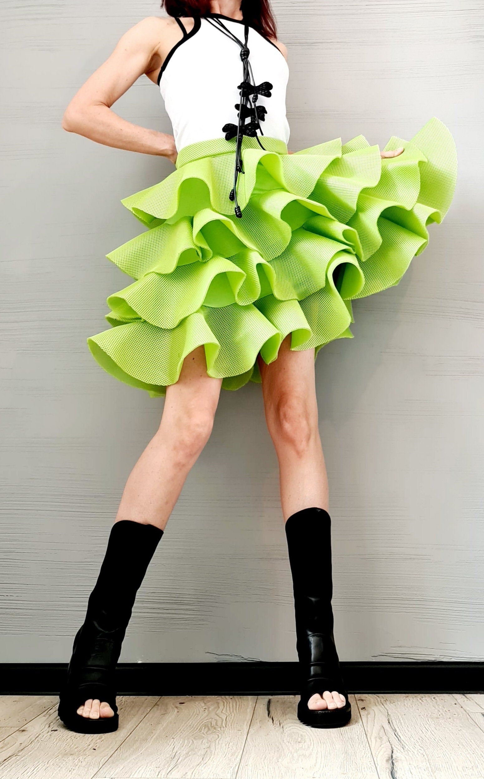 Handmade Green Neoprene Skirt – Asymmetrical Circle Tutu Skirt – Avant-Garde Cocktail Ball Skirt – Plus Size Available