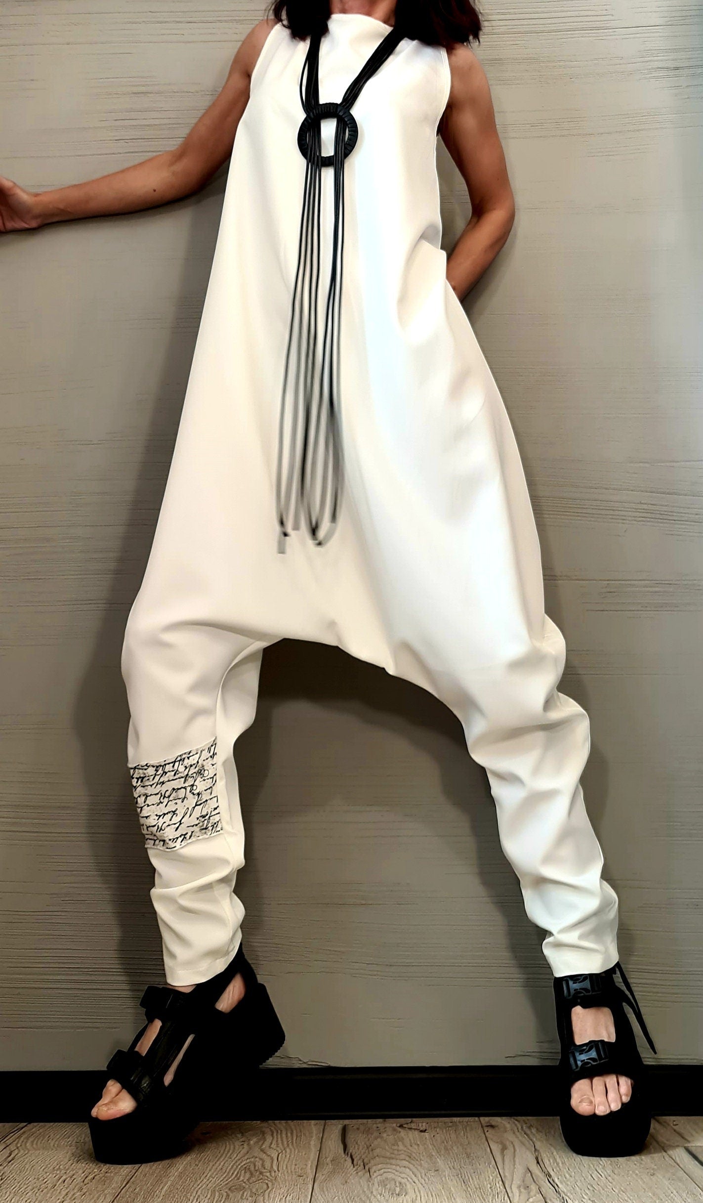 Asymmetric White Harem Jumpsuit – Wide Leg, Sleeveless, Avant-Garde Boho Style, Festival Outfit, Plus Size Available, Gothic Boho Style