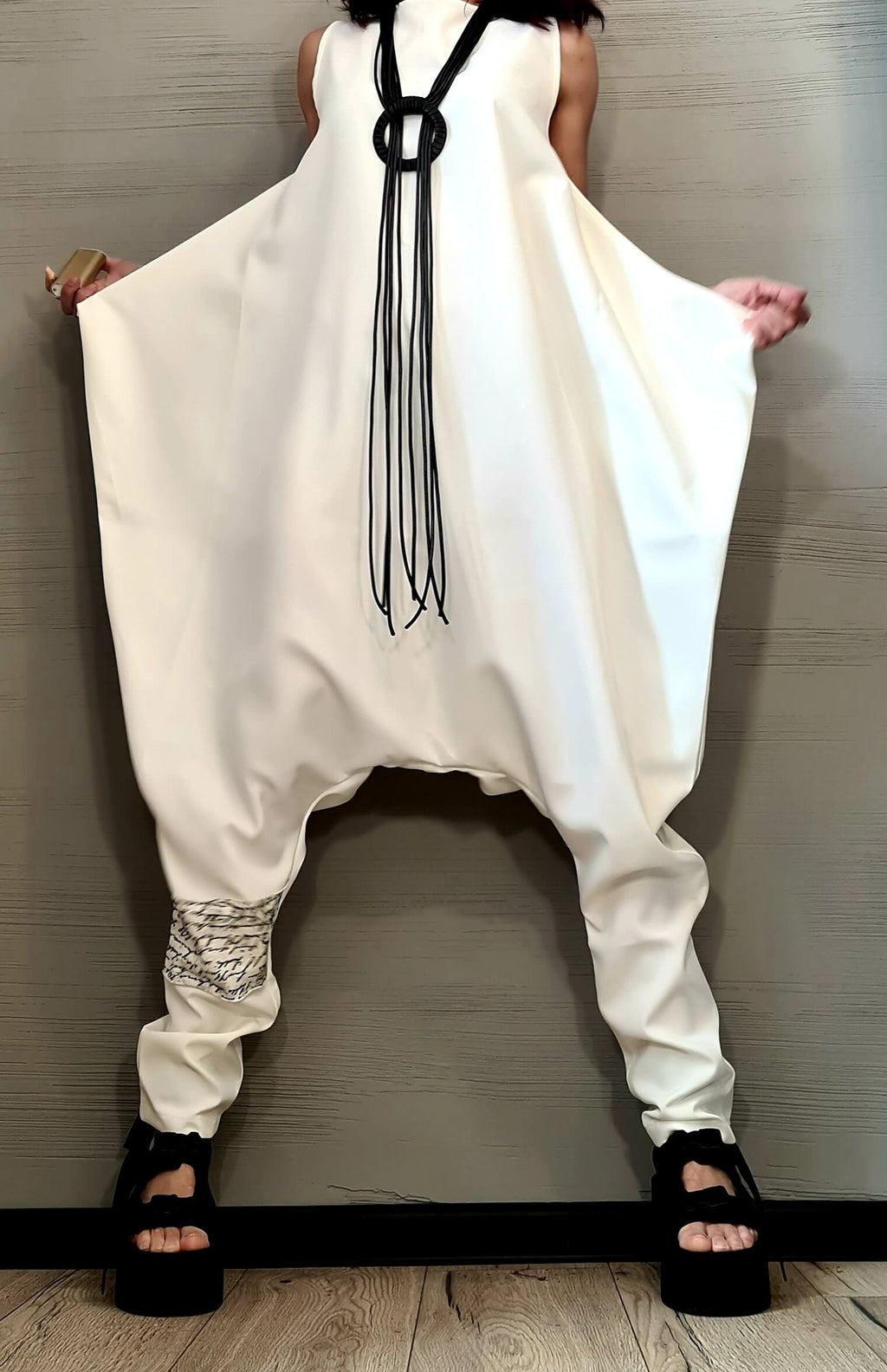 Asymmetric White Harem Jumpsuit – Wide Leg, Sleeveless, Avant-Garde Boho Style, Festival Outfit, Plus Size Available, Gothic Boho Style