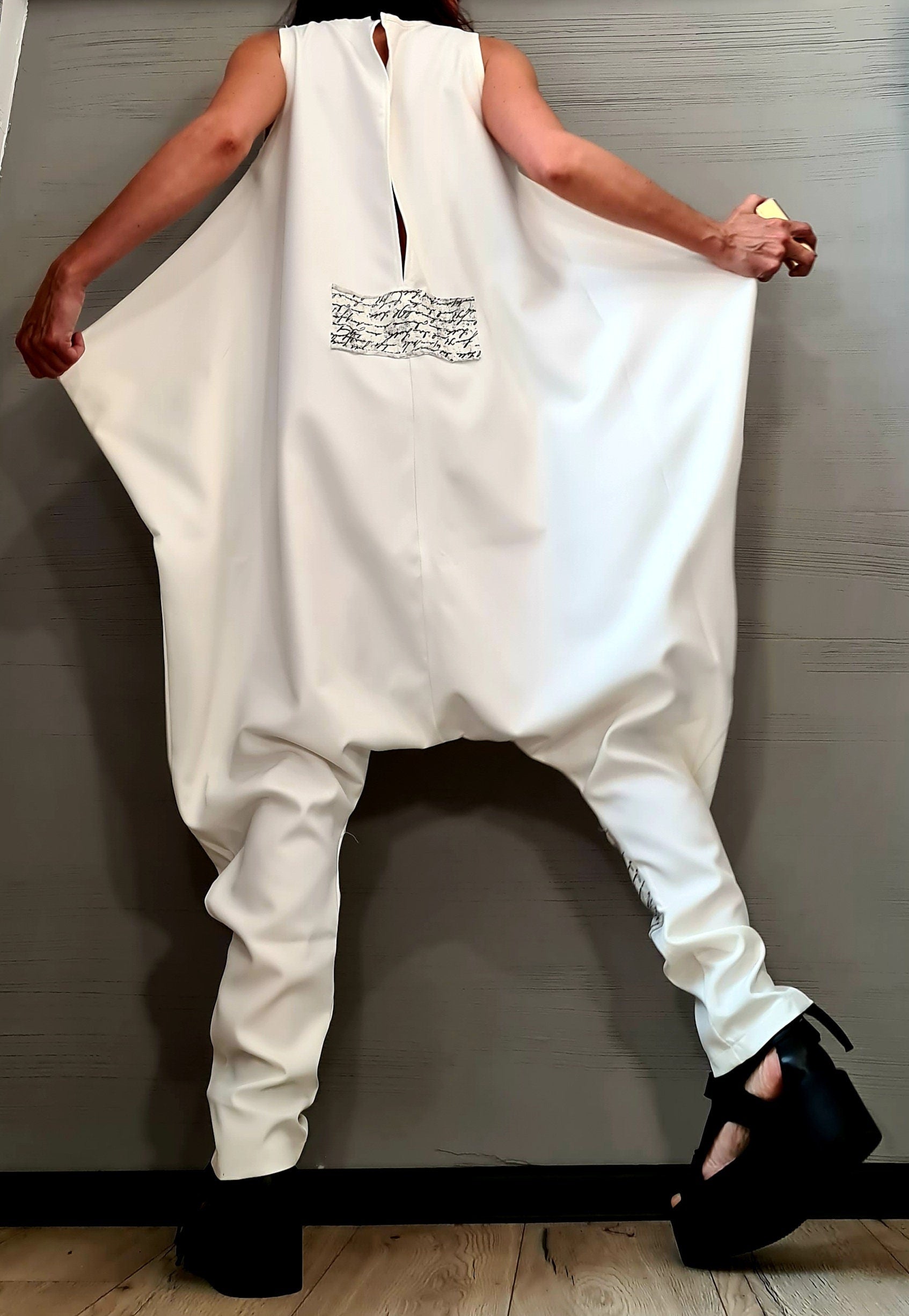 Asymmetric White Harem Jumpsuit – Wide Leg, Sleeveless, Avant-Garde Boho Style, Festival Outfit, Plus Size Available, Gothic Boho Style