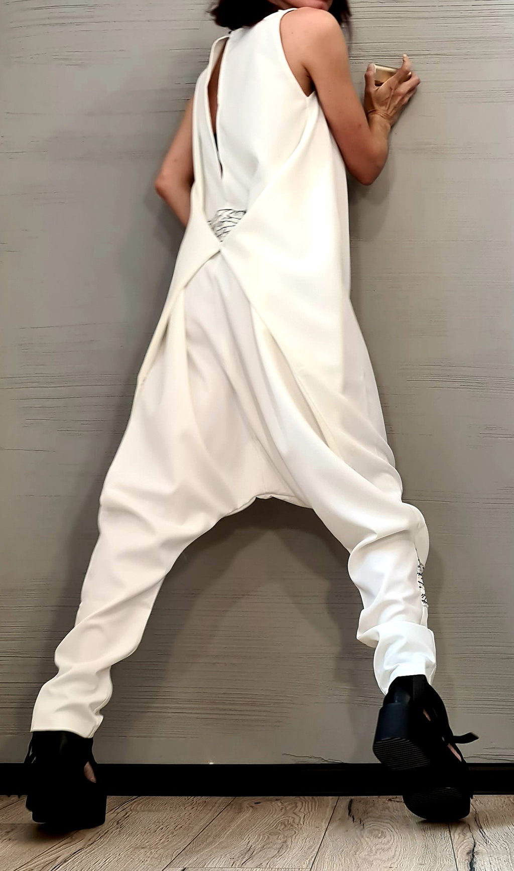 Asymmetric White Harem Jumpsuit – Wide Leg, Sleeveless, Avant-Garde Boho Style, Festival Outfit, Plus Size Available, Gothic Boho Style