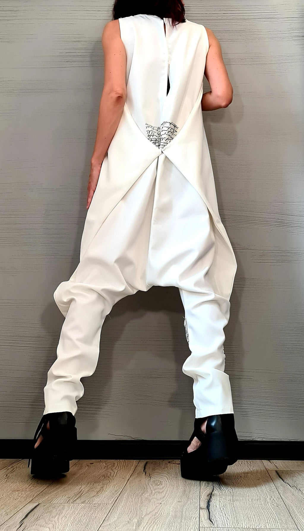 Asymmetric White Harem Jumpsuit – Wide Leg, Sleeveless, Avant-Garde Boho Style, Festival Outfit, Plus Size Available, Gothic Boho Style