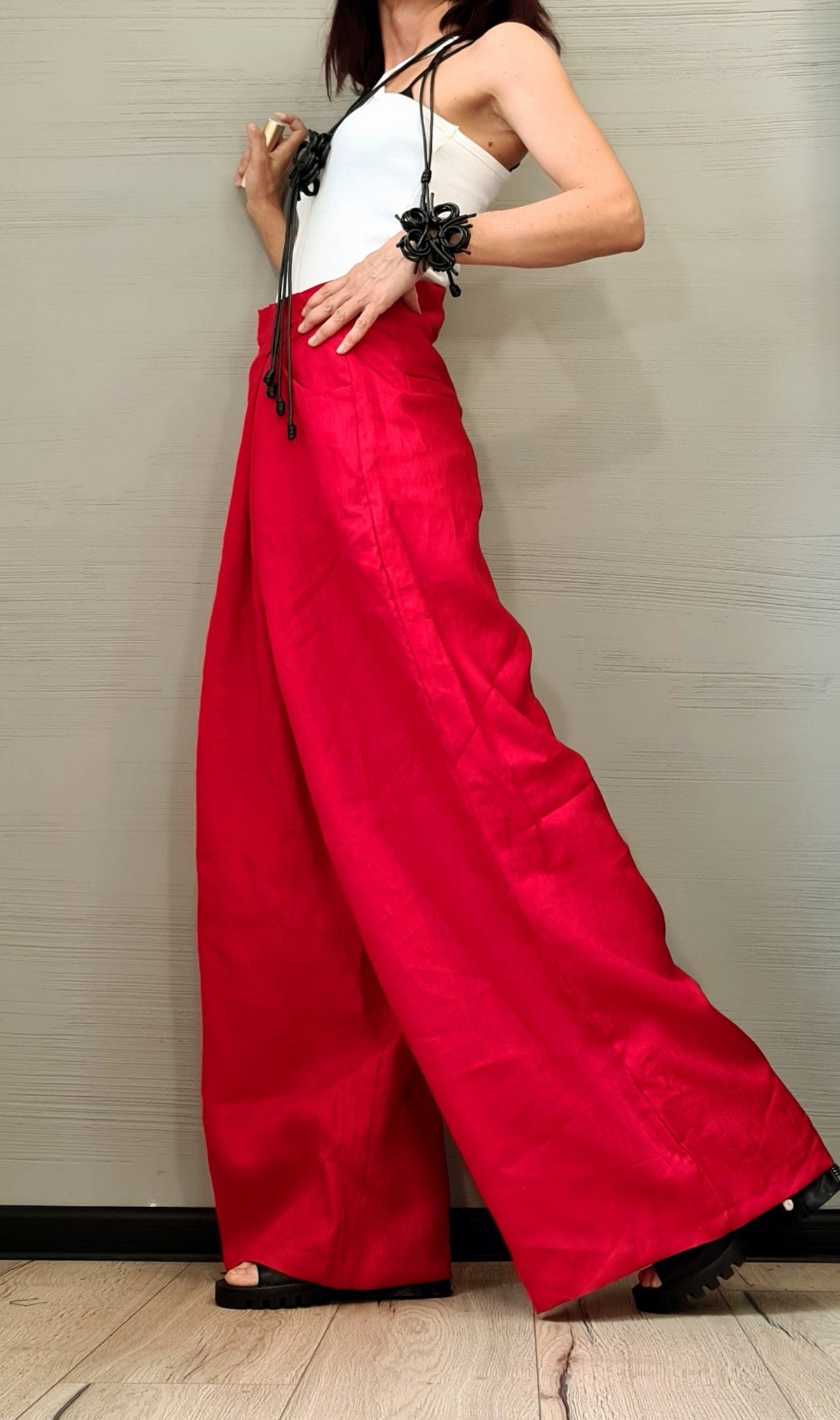 Linen Pants Women – High Waist Loose Fit Trousers, Casual Summer Wide Leg Pants, Natural Flax, Comfortable Minimalist Outfit