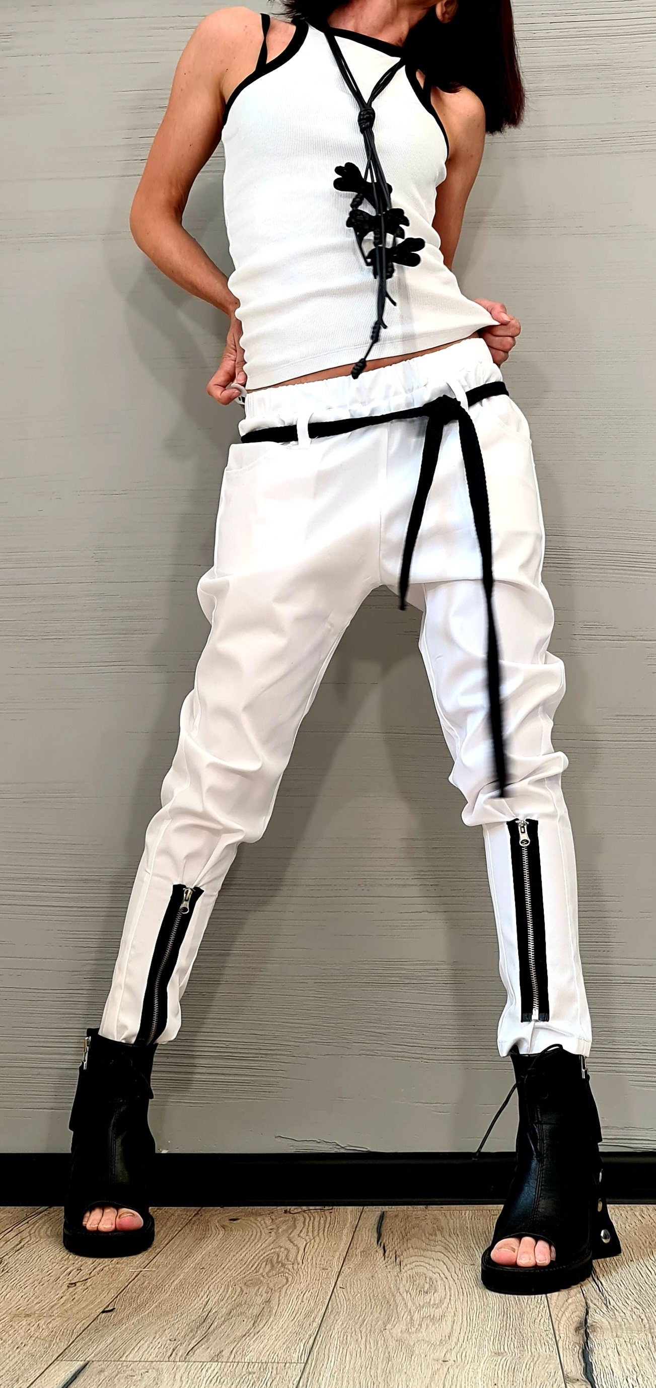 Extravagant Women Harem Pants, Tight Zipper Pants, Women Baggy Trousers, Harem Trousers, White Loose Pants, Gothic Pants