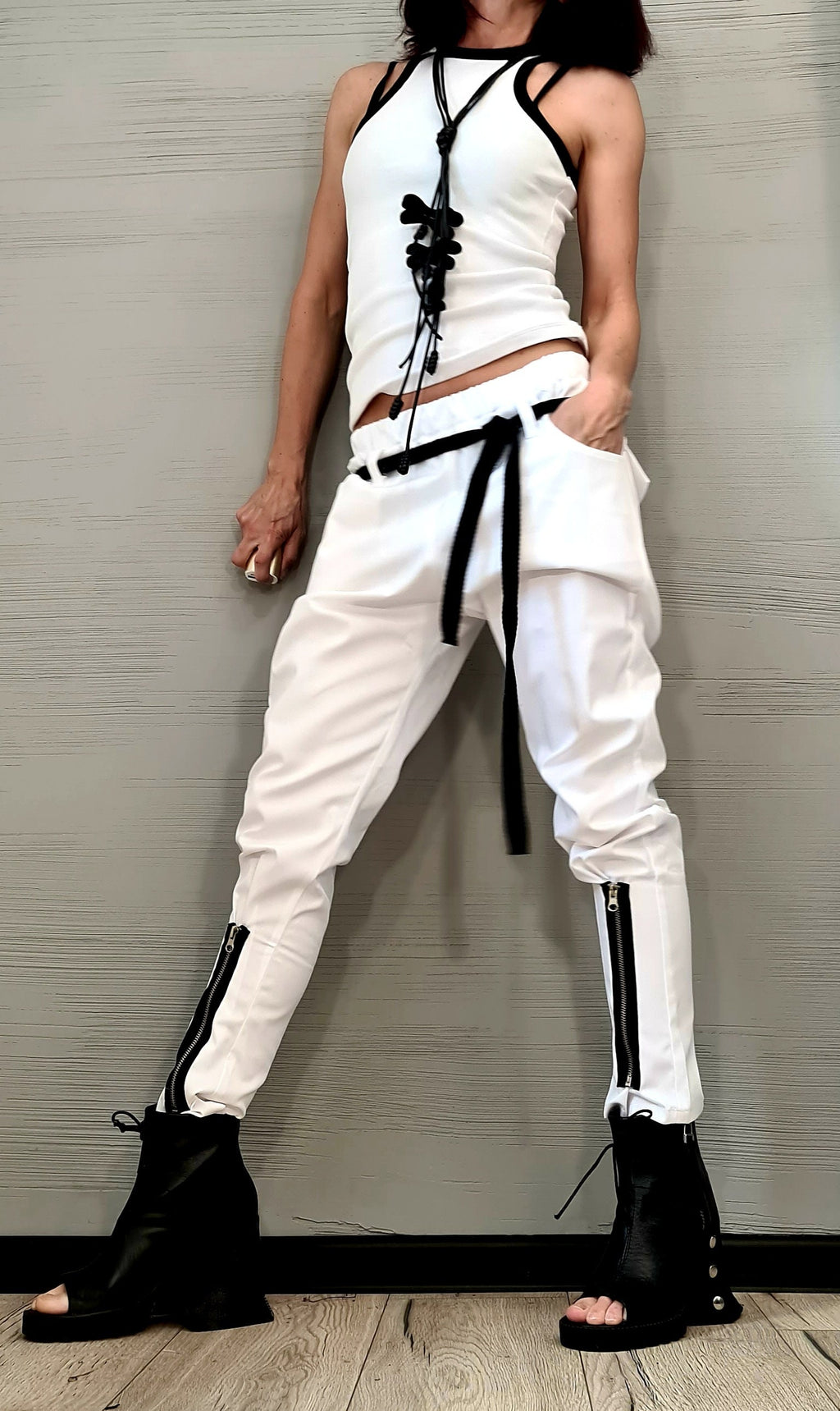 Extravagant Women Harem Pants, Tight Zipper Pants, Women Baggy Trousers, Harem Trousers, White Loose Pants, Gothic Pants