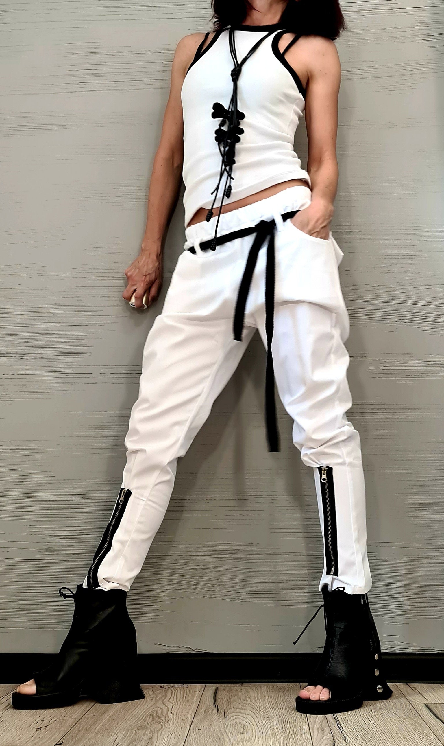 Extravagant Women Harem Pants, Tight Zipper Pants, Women Baggy Trousers, Harem Trousers, White Loose Pants, Gothic Pants