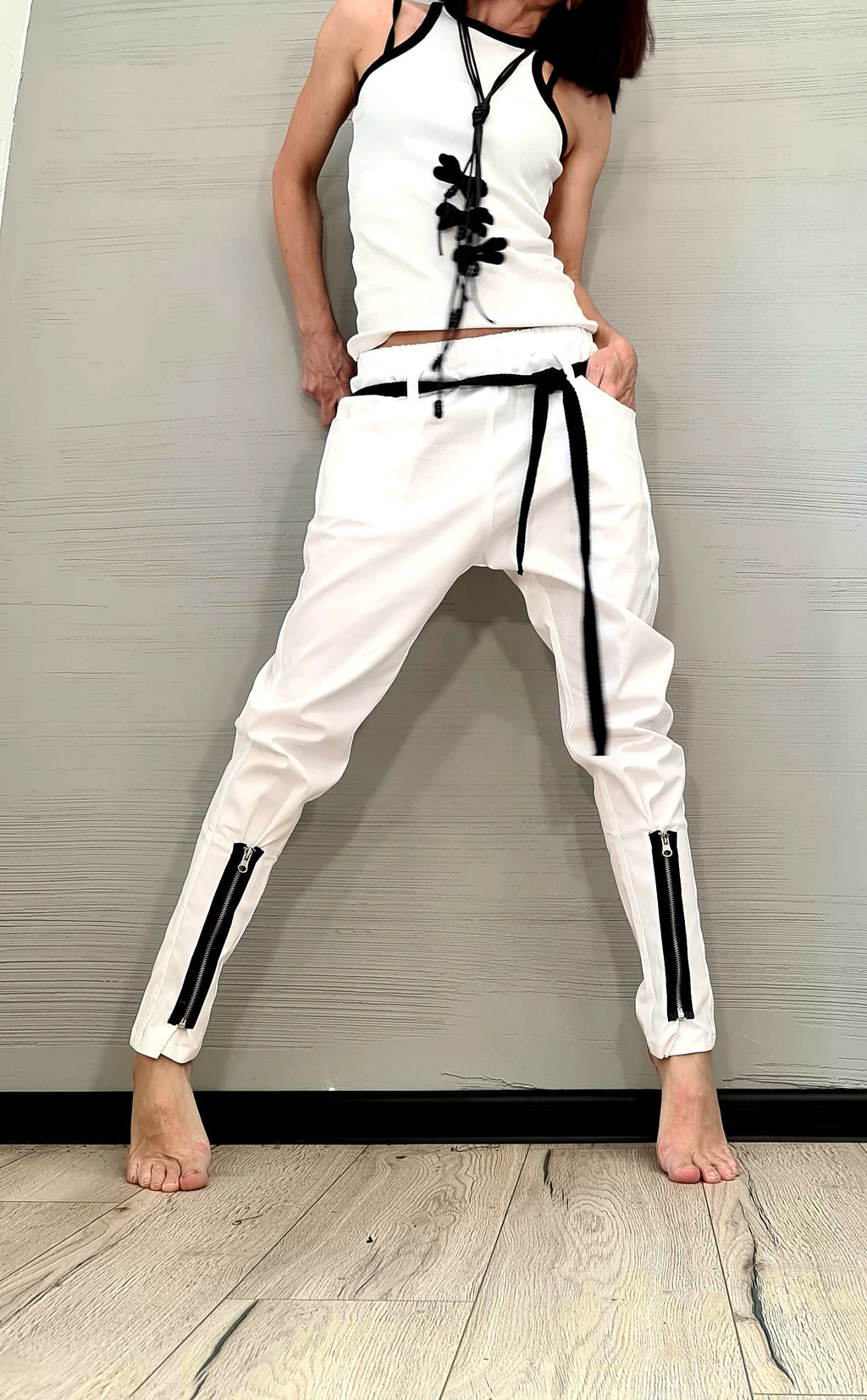 Extravagant Women Harem Pants, Tight Zipper Pants, Women Baggy Trousers, Harem Trousers, White Loose Pants, Gothic Pants