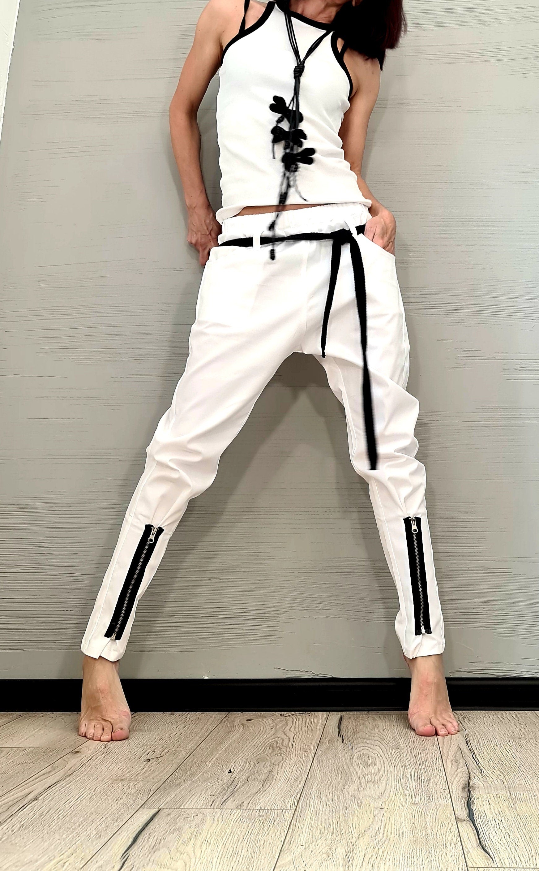 Extravagant Women Harem Pants, Tight Zipper Pants, Women Baggy Trousers, Harem Trousers, White Loose Pants, Gothic Pants