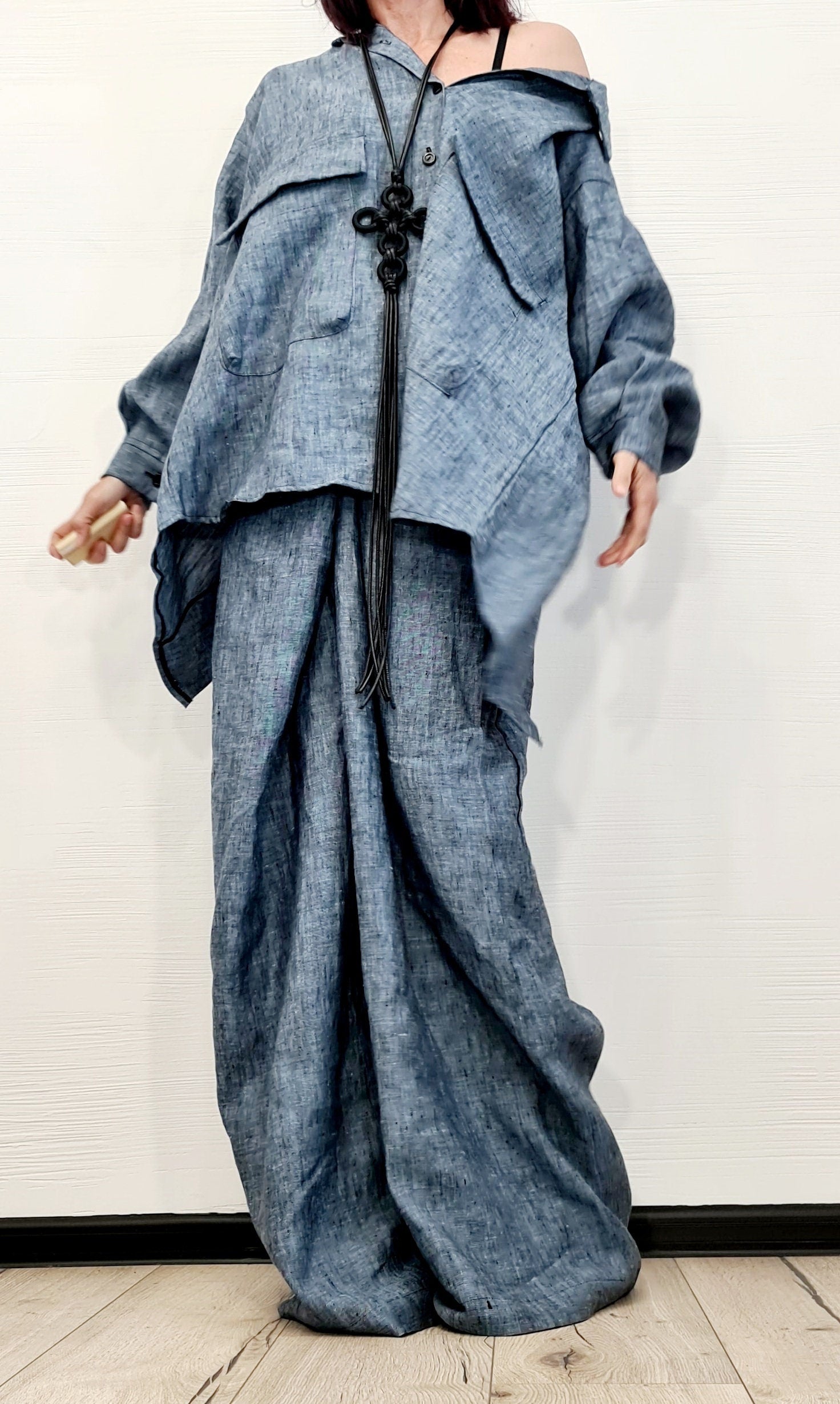 Extravagant Linen Women Set, Sexy Open Back Shirt, Women Harem Pants, Loose Linen Pants Shirts, Asymmetric Women set