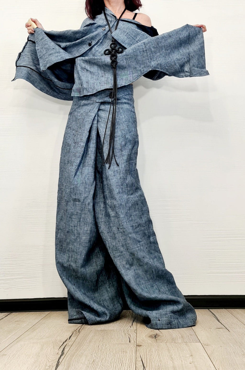 Extravagant Linen Women Set, Sexy Open Back Shirt, Women Harem Pants, Loose Linen Pants Shirts, Asymmetric Women set