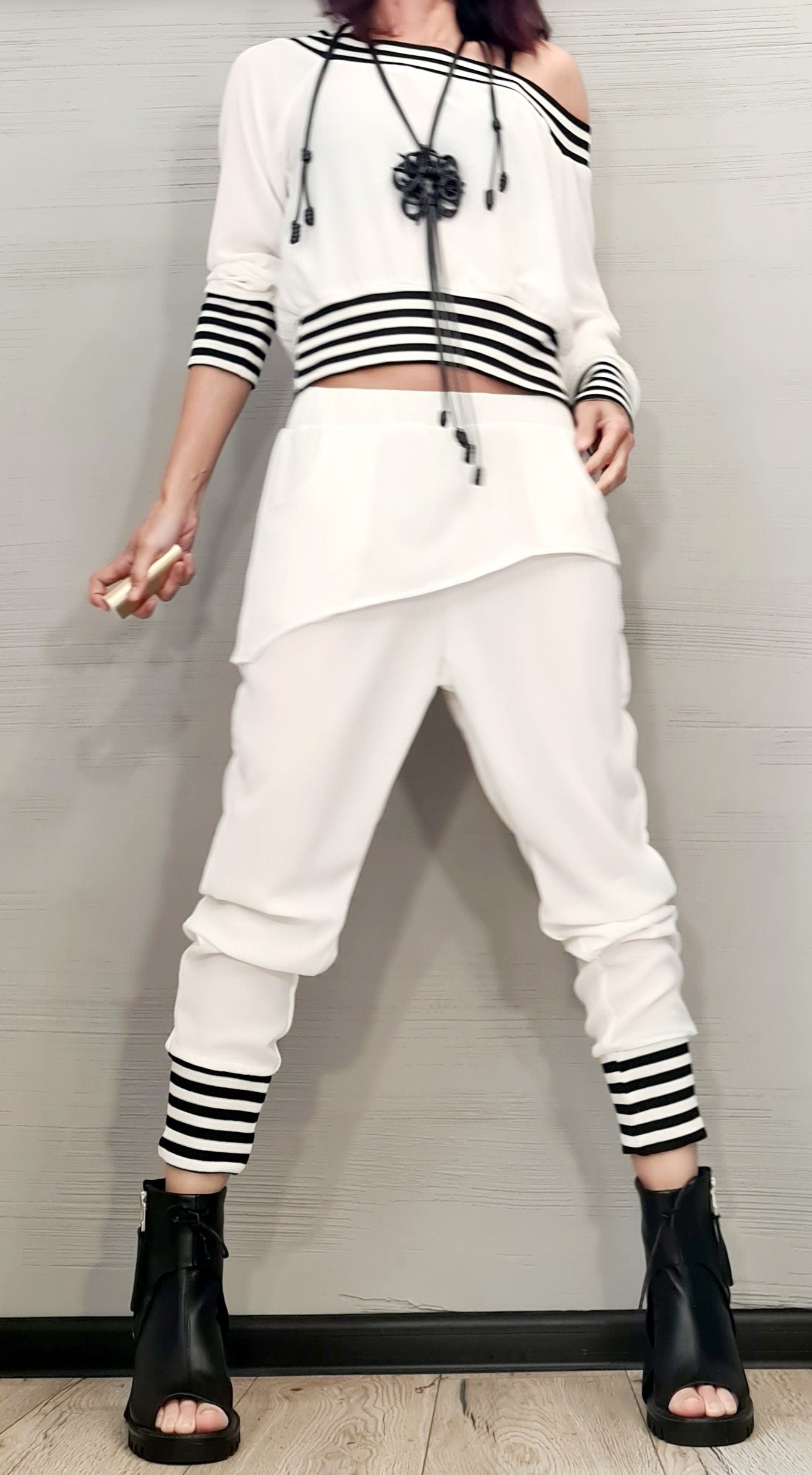 Extravagant Women White Set, Women Harem Pants, Gothic Costume, Cocktail Women Set, Avant Garde Costume