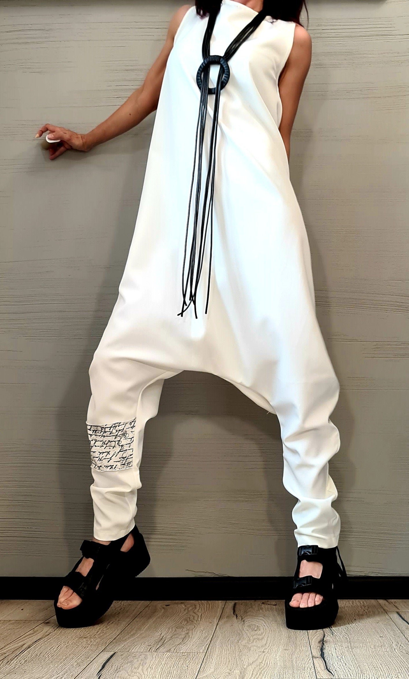 Asymmetric White Harem Jumpsuit – Wide Leg, Sleeveless, Avant-Garde Boho Style, Festival Outfit, Plus Size Available, Gothic Boho Style