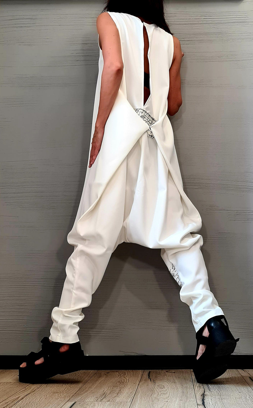 Asymmetric White Harem Jumpsuit – Wide Leg, Sleeveless, Avant-Garde Boho Style, Festival Outfit, Plus Size Available, Gothic Boho Style