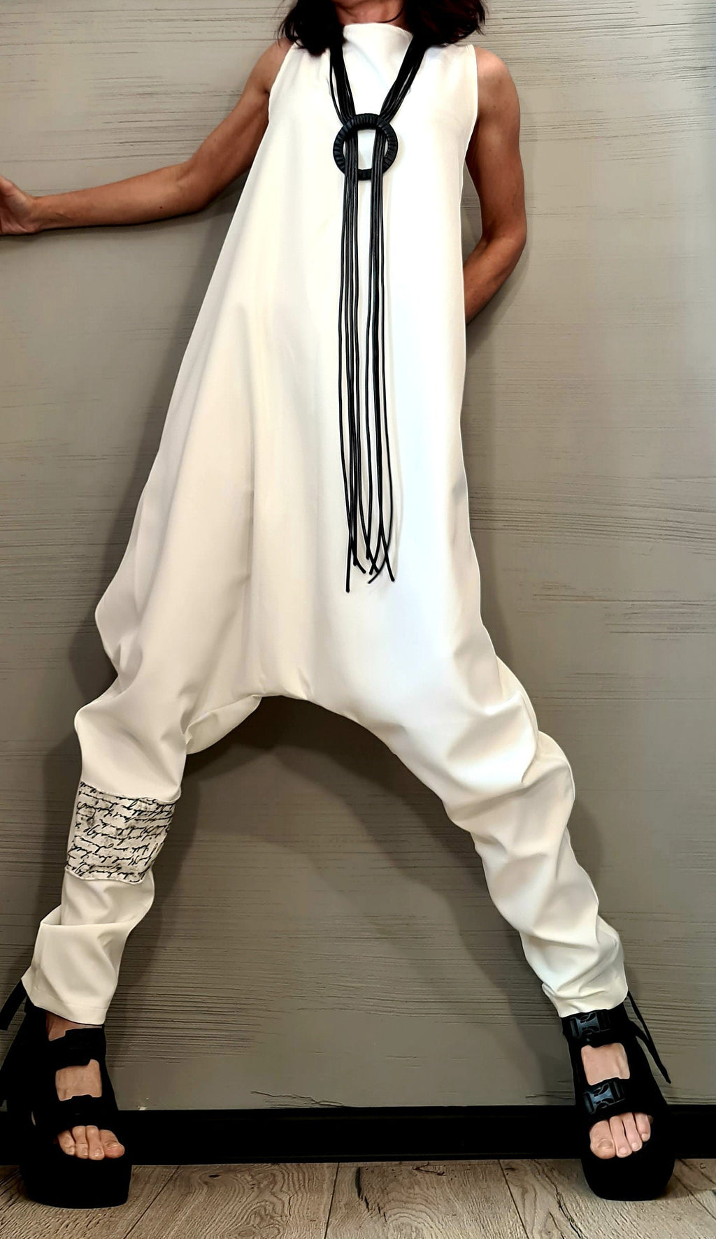 Asymmetric White Harem Jumpsuit – Wide Leg, Sleeveless, Avant-Garde Boho Style, Festival Outfit, Plus Size Available, Gothic Boho Style