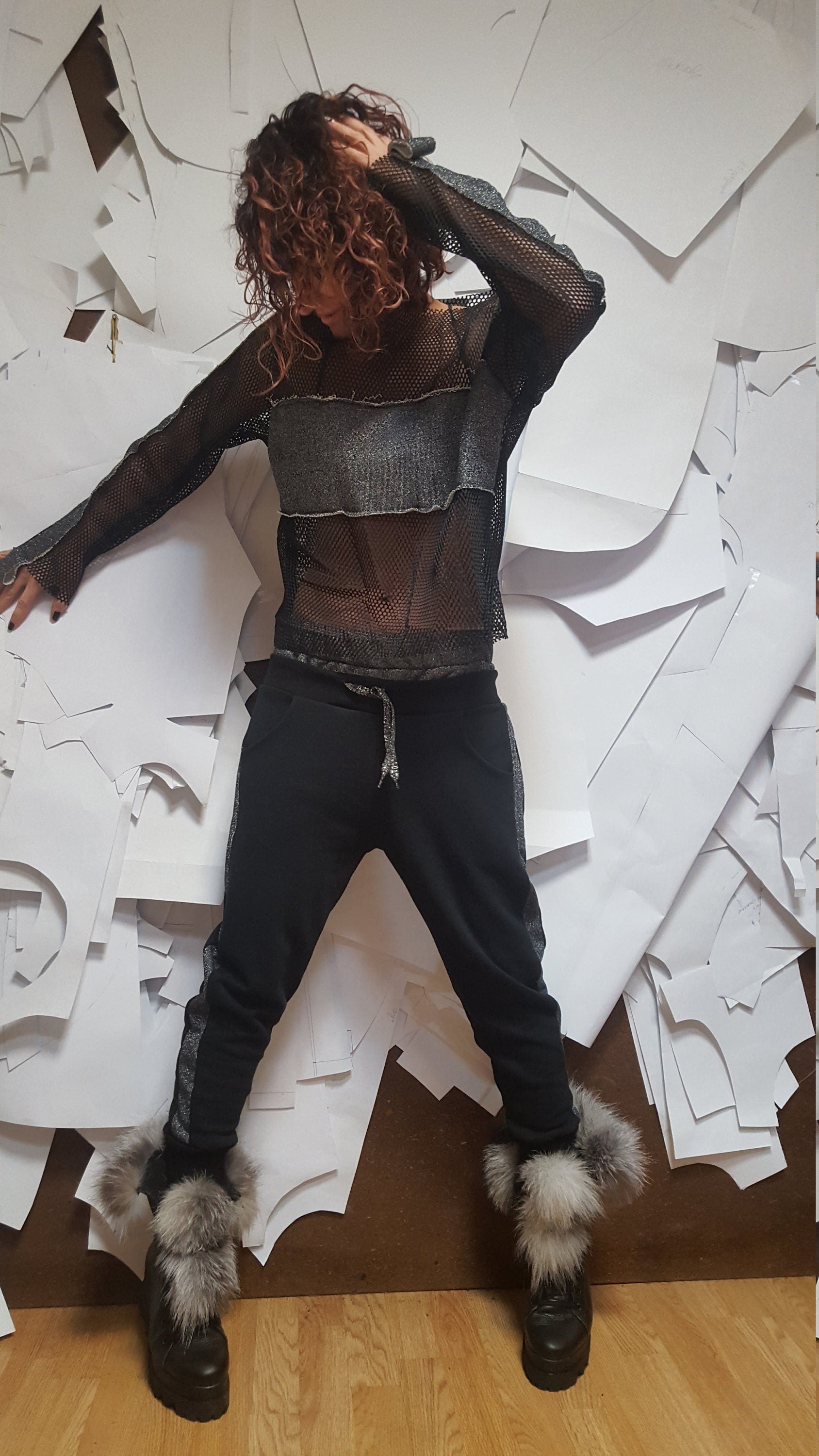 Black Silver Grey Set, Outwear Women Set, Extravagant Women Cotton Set,  Extravagant Blouse, Harem pant, Sexy blouse