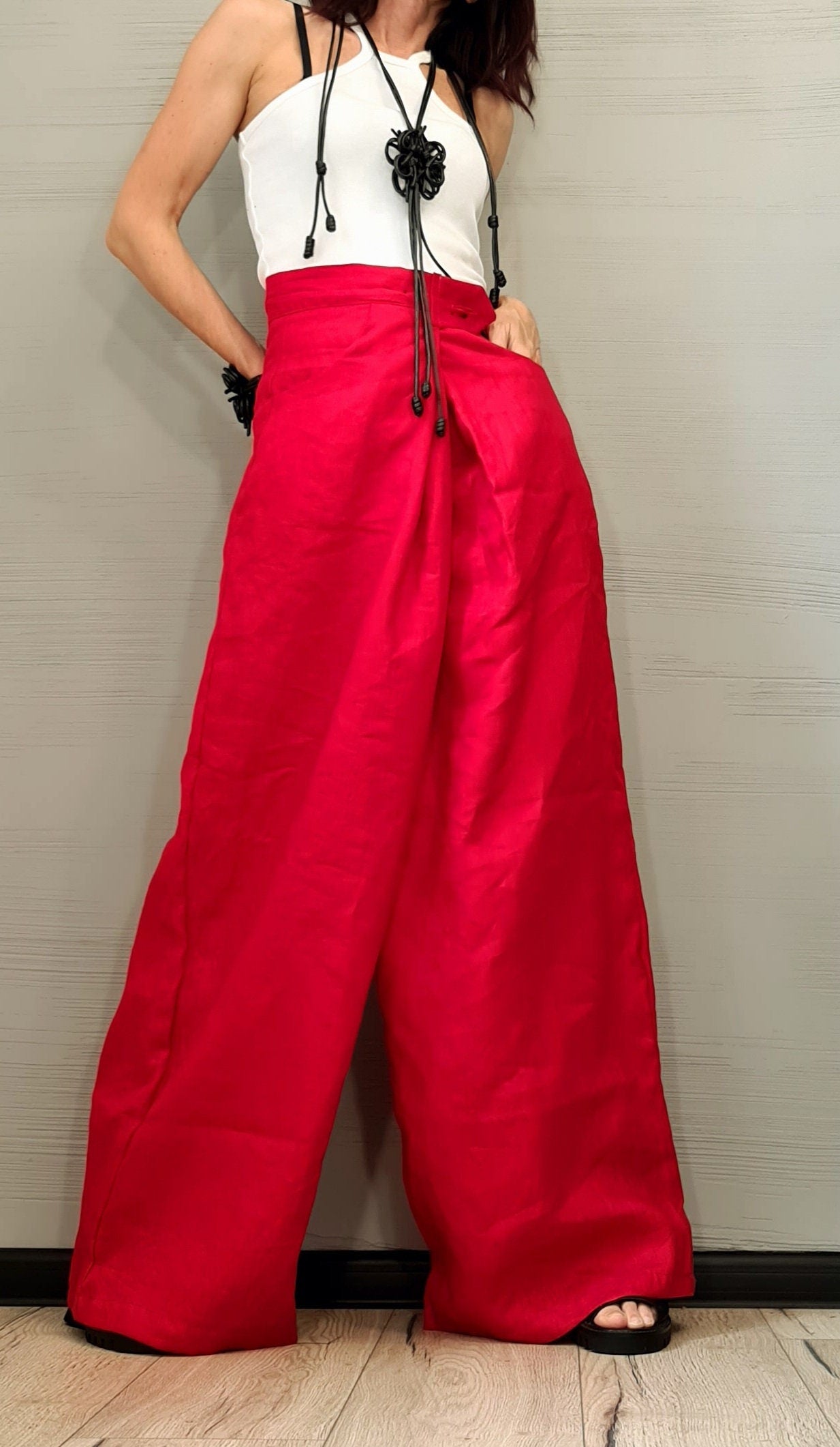 Linen Pants Women – High Waist Loose Fit Trousers, Casual Summer Wide Leg Pants, Natural Flax, Comfortable Minimalist Outfit