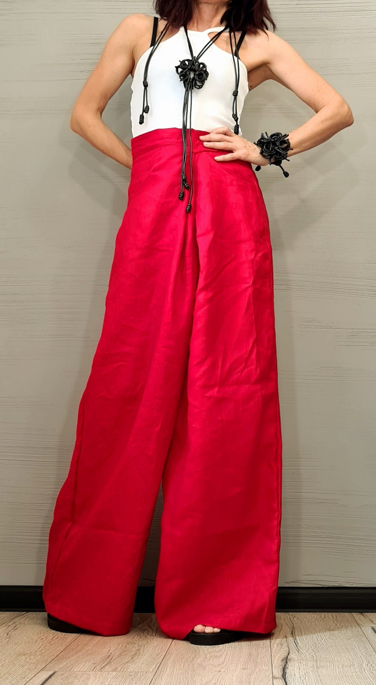 Linen Pants Women – High Waist Loose Fit Trousers, Casual Summer Wide Leg Pants, Natural Flax, Comfortable Minimalist Outfit