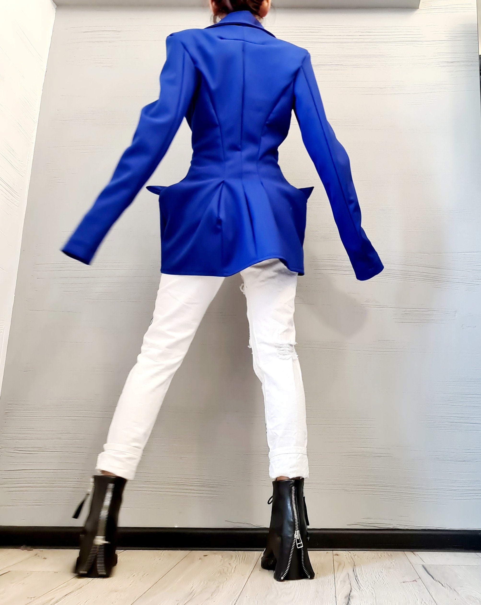 Neoprene Coat, Blazer Coat, Blue Coat, Plus Size Clothing, Warm Coat, Asymmetric Coat, Long Sleeve Coat, Extravagant Coat