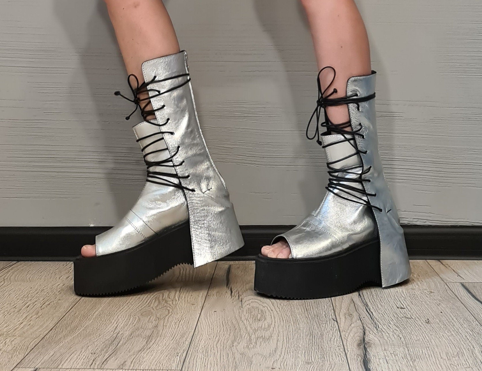 Silver Gladiator Platform Genuine Leather Sandals, High Summer Extravagant Sandals, Open Toe, Punk Platform Shoes,Gothic Sandals, Grunge