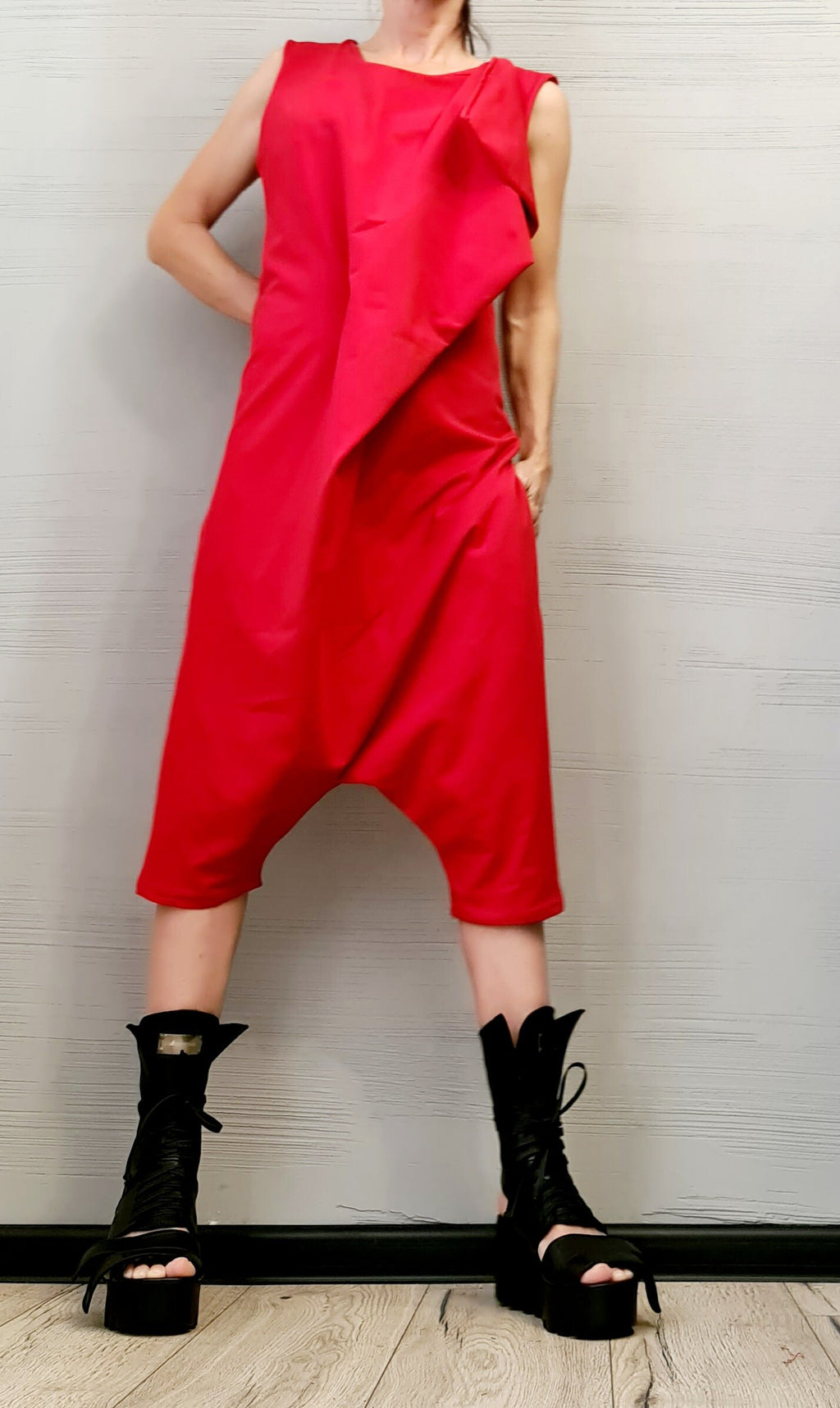 Asymmetric Harem Jumpsuit,Extravagant Cotton Loose Jumpsuit, Short Women Overall, Open Back Jumpsuit, Avant Garde Jumpsuit