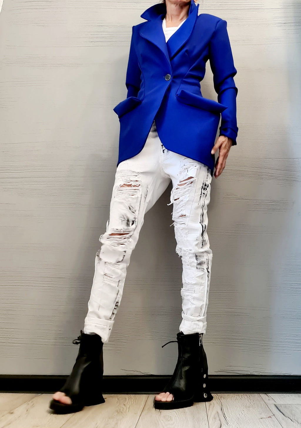 Neoprene Coat, Blazer Coat, Blue Coat, Plus Size Clothing, Warm Coat, Asymmetric Coat, Long Sleeve Coat, Extravagant Coat