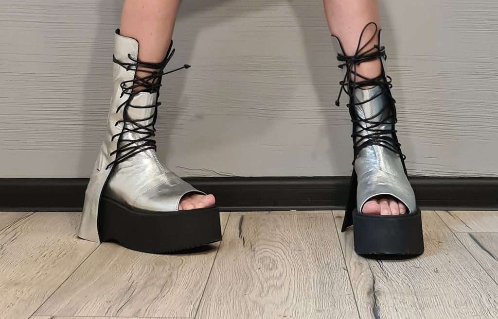 Silver Gladiator Platform Genuine Leather Sandals, High Summer Extravagant Sandals, Open Toe, Punk Platform Shoes,Gothic Sandals, Grunge
