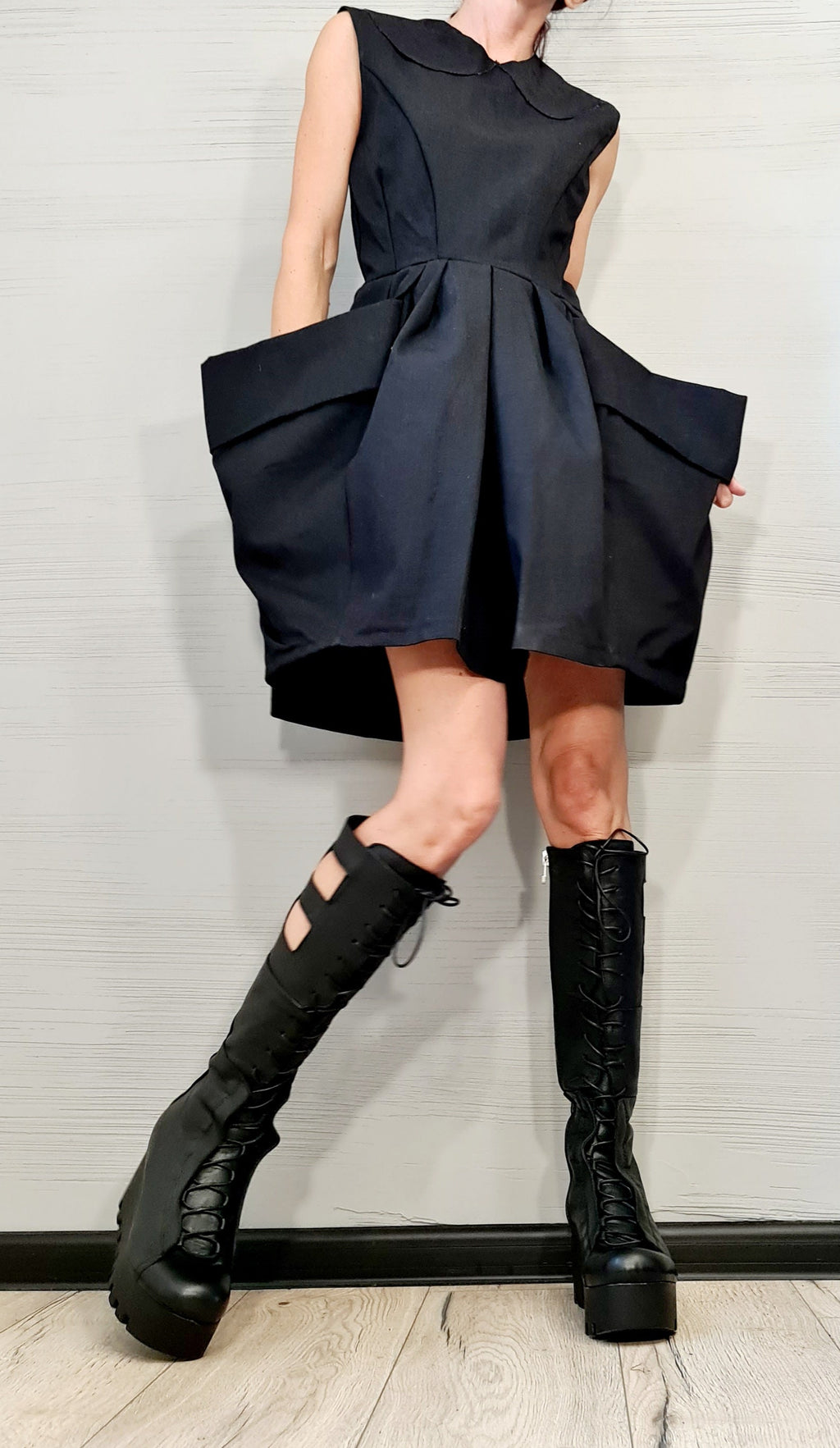 Asymmetric Black Dress, Extravagant outer pockets, Extravagant Dress, Plus Size Clothing, Sleeveless Dress, Futuristic Dress, Sexy Dress