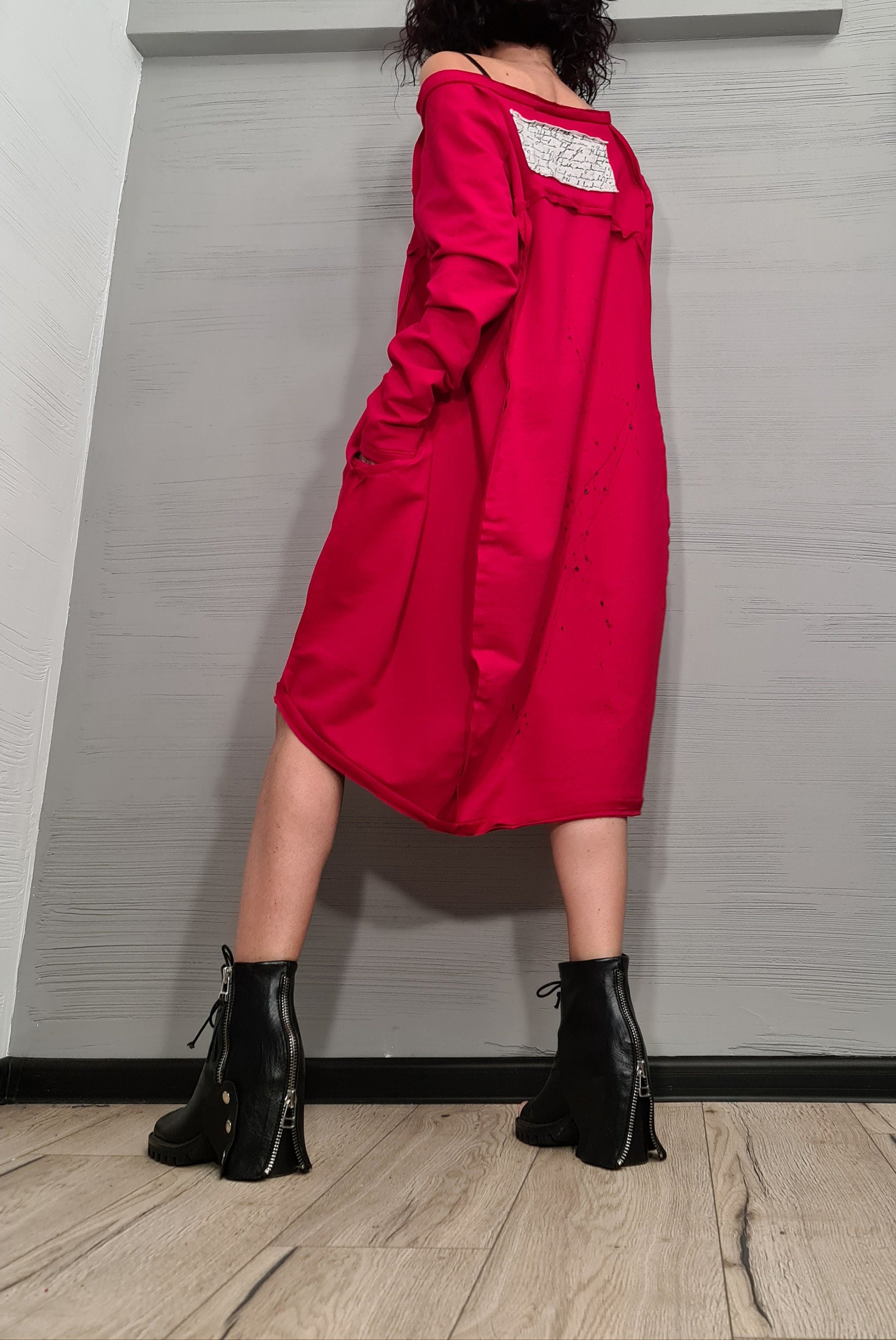 Red Extravagant Dress, One Shoulder Dress, Tunic Dress, Plus Size Clothing, Blouson Dress, Asymmetric Dress, Long Sleeve Dress