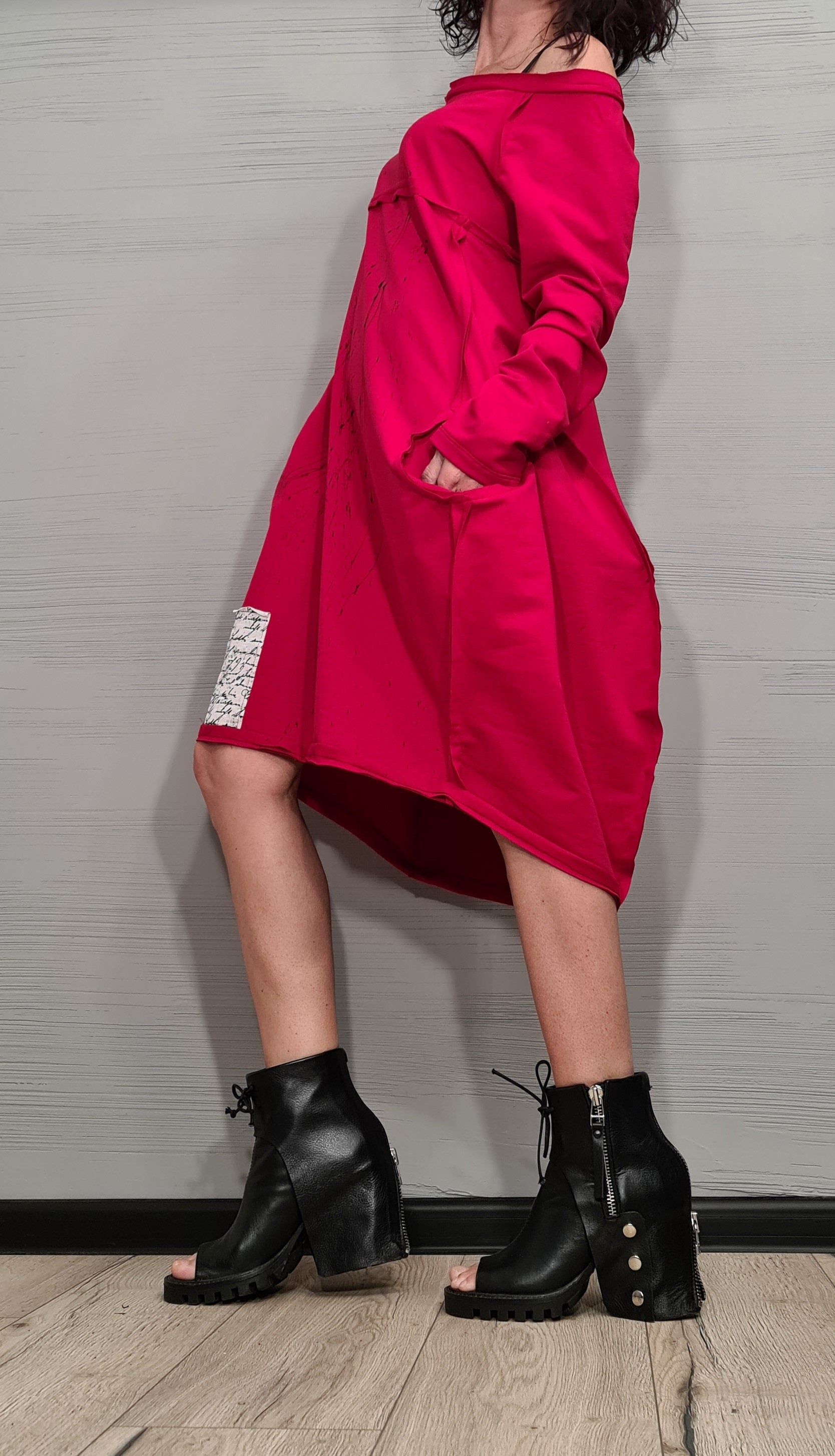 Red Extravagant Dress, One Shoulder Dress, Tunic Dress, Plus Size Clothing, Blouson Dress, Asymmetric Dress, Long Sleeve Dress