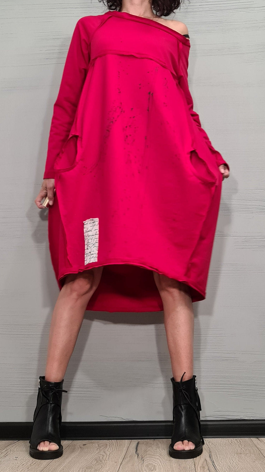 Red Extravagant Dress, One Shoulder Dress, Tunic Dress, Plus Size Clothing, Blouson Dress, Asymmetric Dress, Long Sleeve Dress