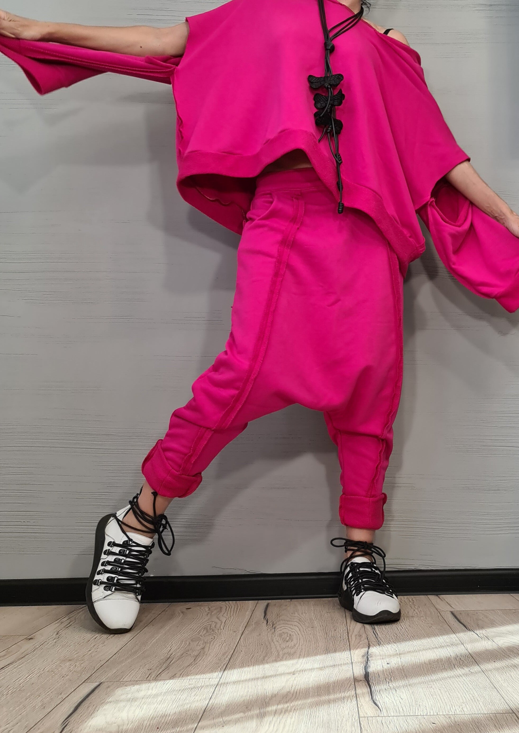 Outwear Women Set, Harem Pants, Blouse Long Short Sleeves, Extravagant Cotton Set, Extravagant Blouse, Harem pant, Asymmetrical Set