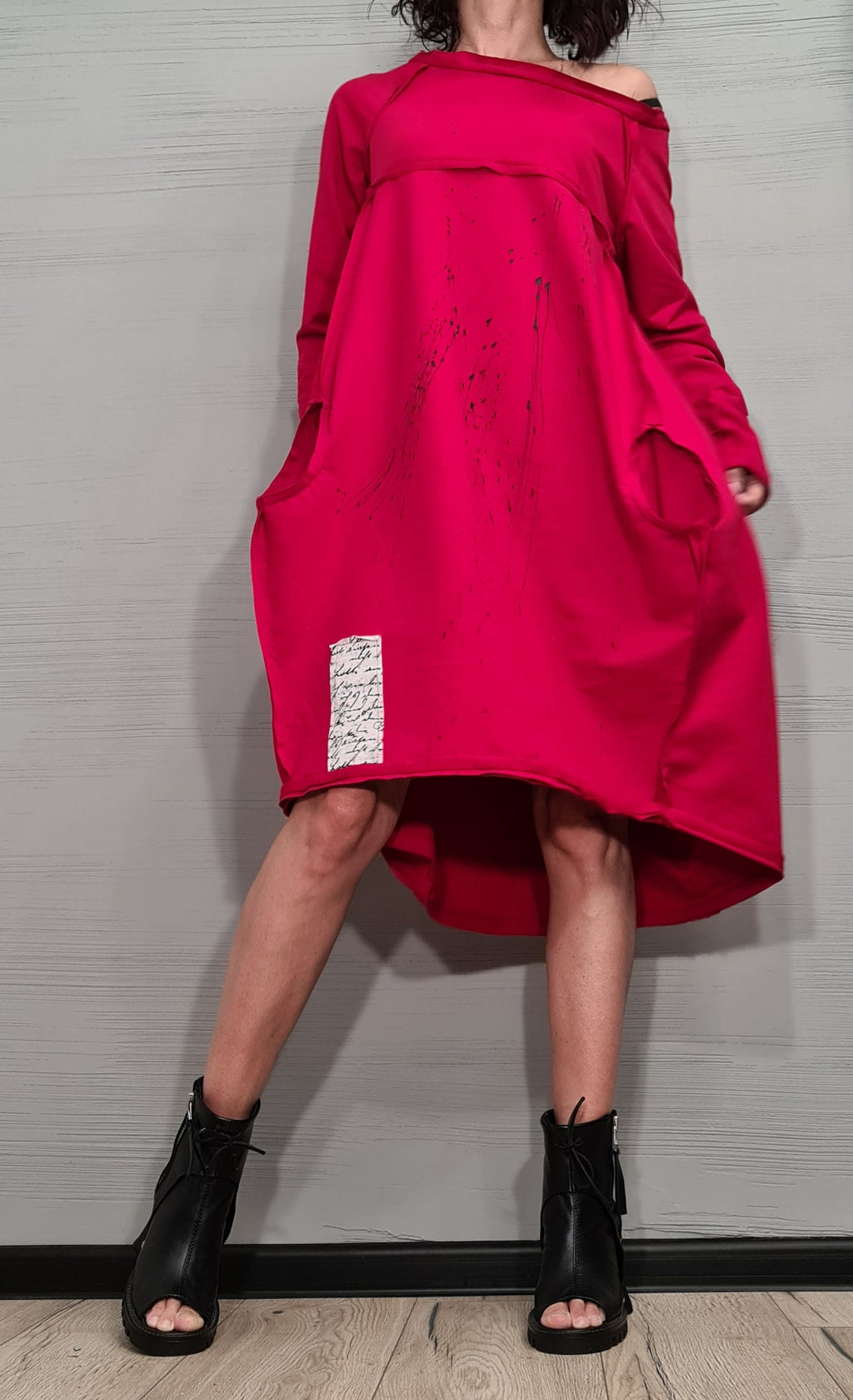 Red Extravagant Dress, One Shoulder Dress, Tunic Dress, Plus Size Clothing, Blouson Dress, Asymmetric Dress, Long Sleeve Dress