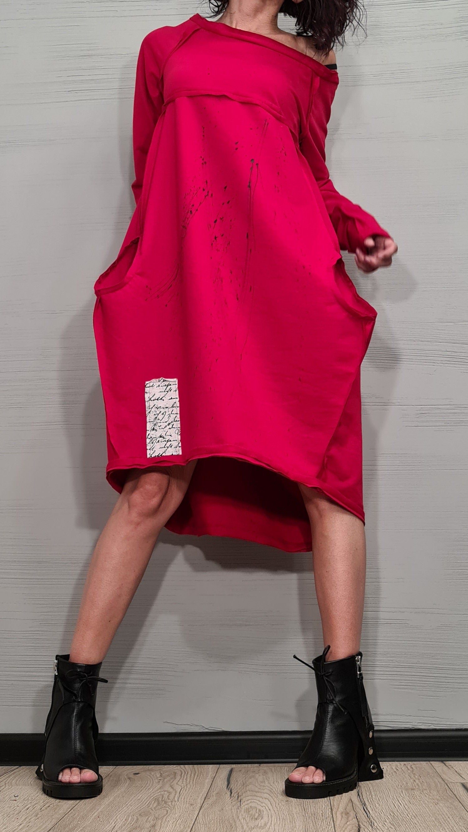 Red Extravagant Dress, One Shoulder Dress, Tunic Dress, Plus Size Clothing, Blouson Dress, Asymmetric Dress, Long Sleeve Dress