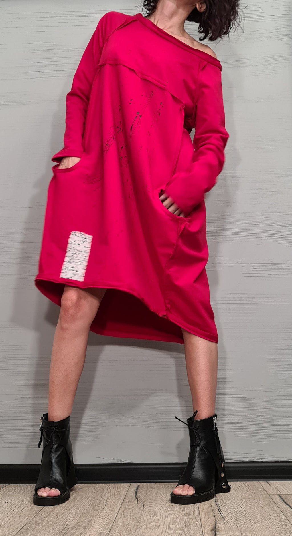 Red Extravagant Dress, One Shoulder Dress, Tunic Dress, Plus Size Clothing, Blouson Dress, Asymmetric Dress, Long Sleeve Dress