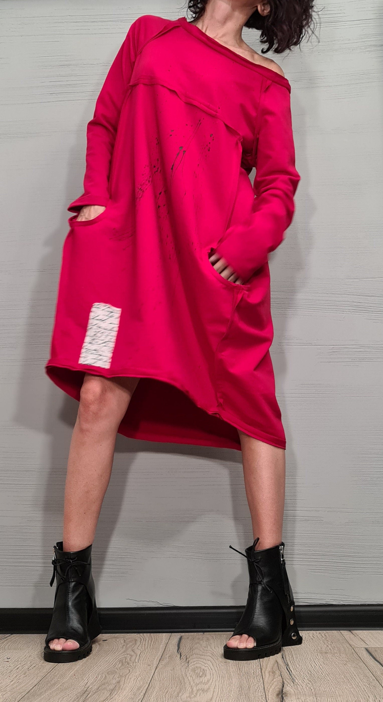 Red Extravagant Dress, One Shoulder Dress, Tunic Dress, Plus Size Clothing, Blouson Dress, Asymmetric Dress, Long Sleeve Dress