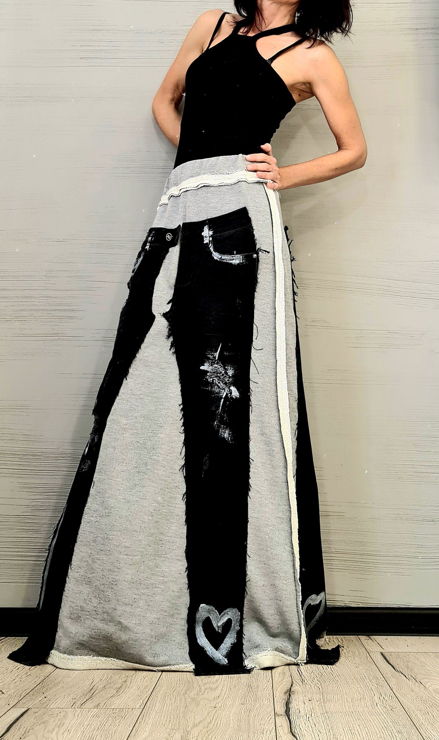 Extravagant Long Skirt, Silver Cotton, Denim Skirt, Deconstructed Avant Garde Skirt Outside Seam