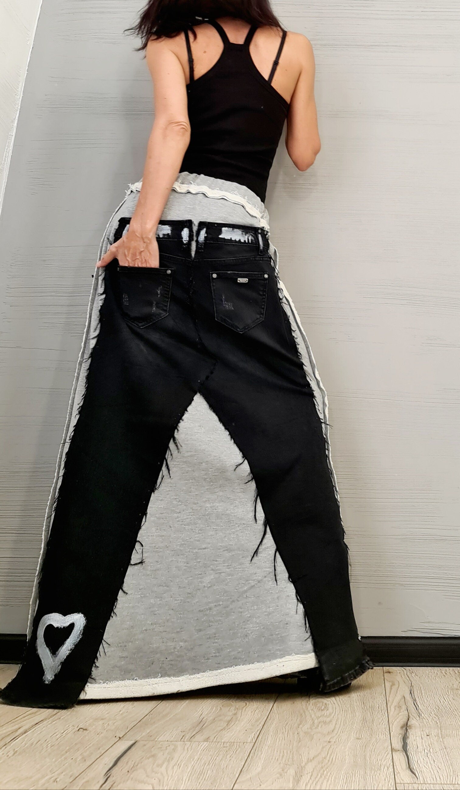 Extravagant Long Skirt, Silver Cotton, Denim Skirt, Deconstructed Avant Garde Skirt Outside Seam