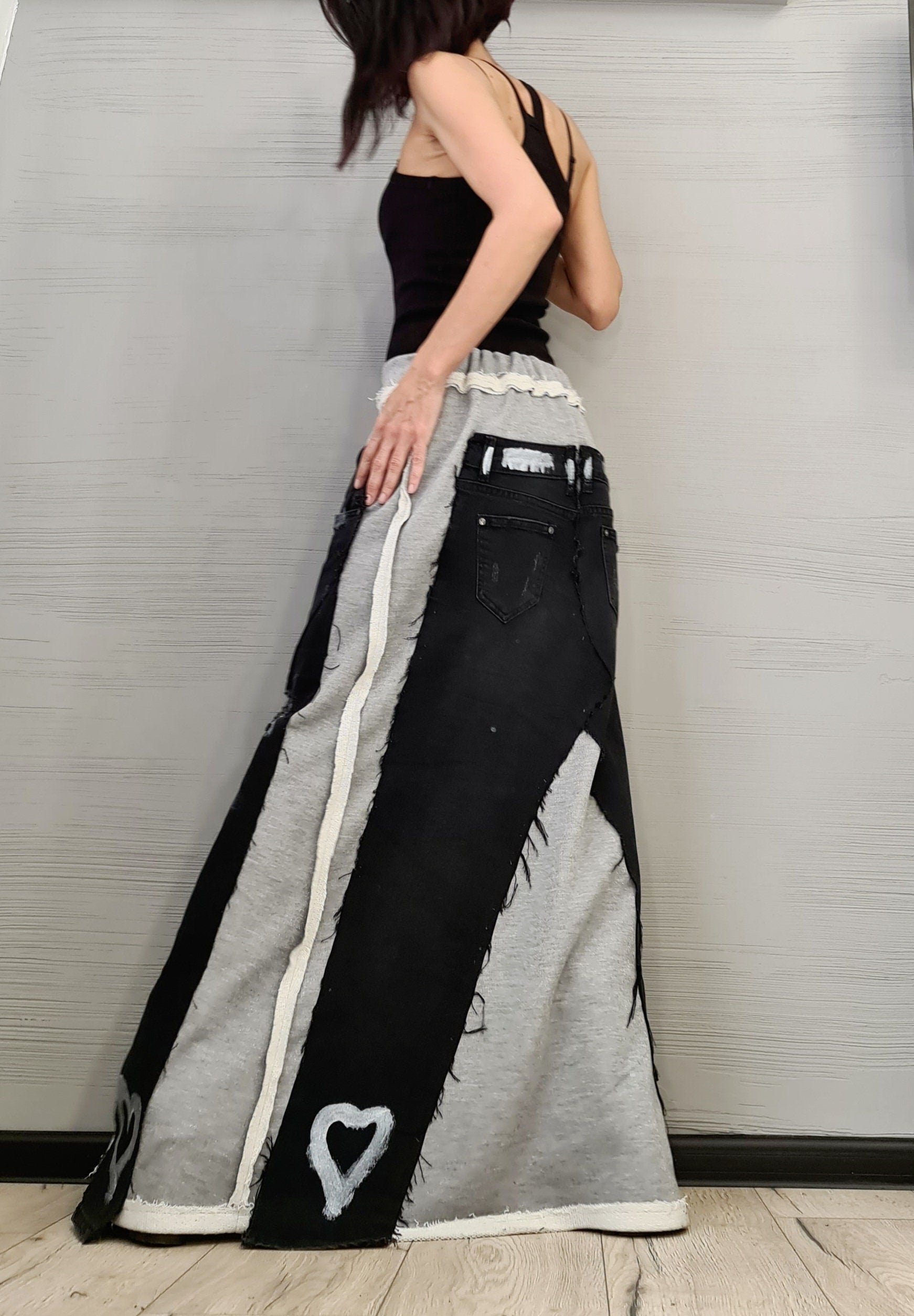 Extravagant Long Skirt, Silver Cotton, Denim Skirt, Deconstructed Avant Garde Skirt Outside Seam