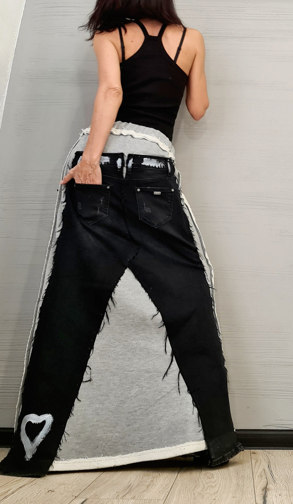 Extravagant Long Skirt, Silver Cotton, Denim Skirt, Deconstructed Avant Garde Skirt Outside Seam