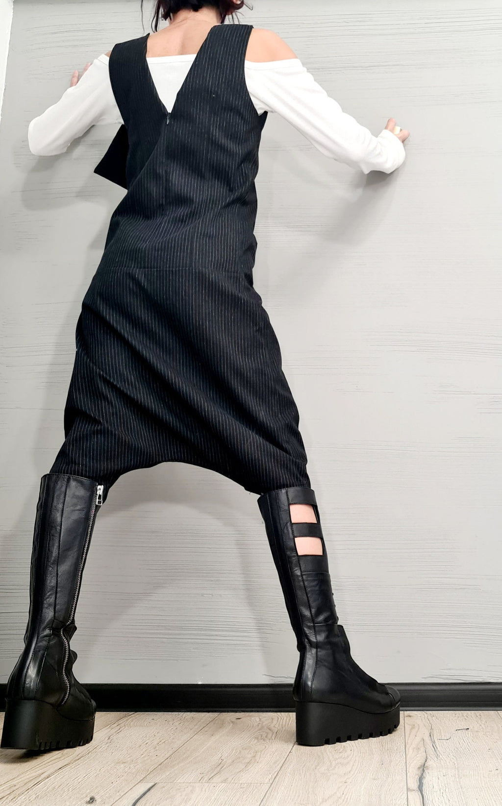 Asymmetric Harem Jumpsuit,Extravagant Loose Jumpsuit, Short Women Overall, Open Back Jumpsuit, Avant Garde Jumpsuit