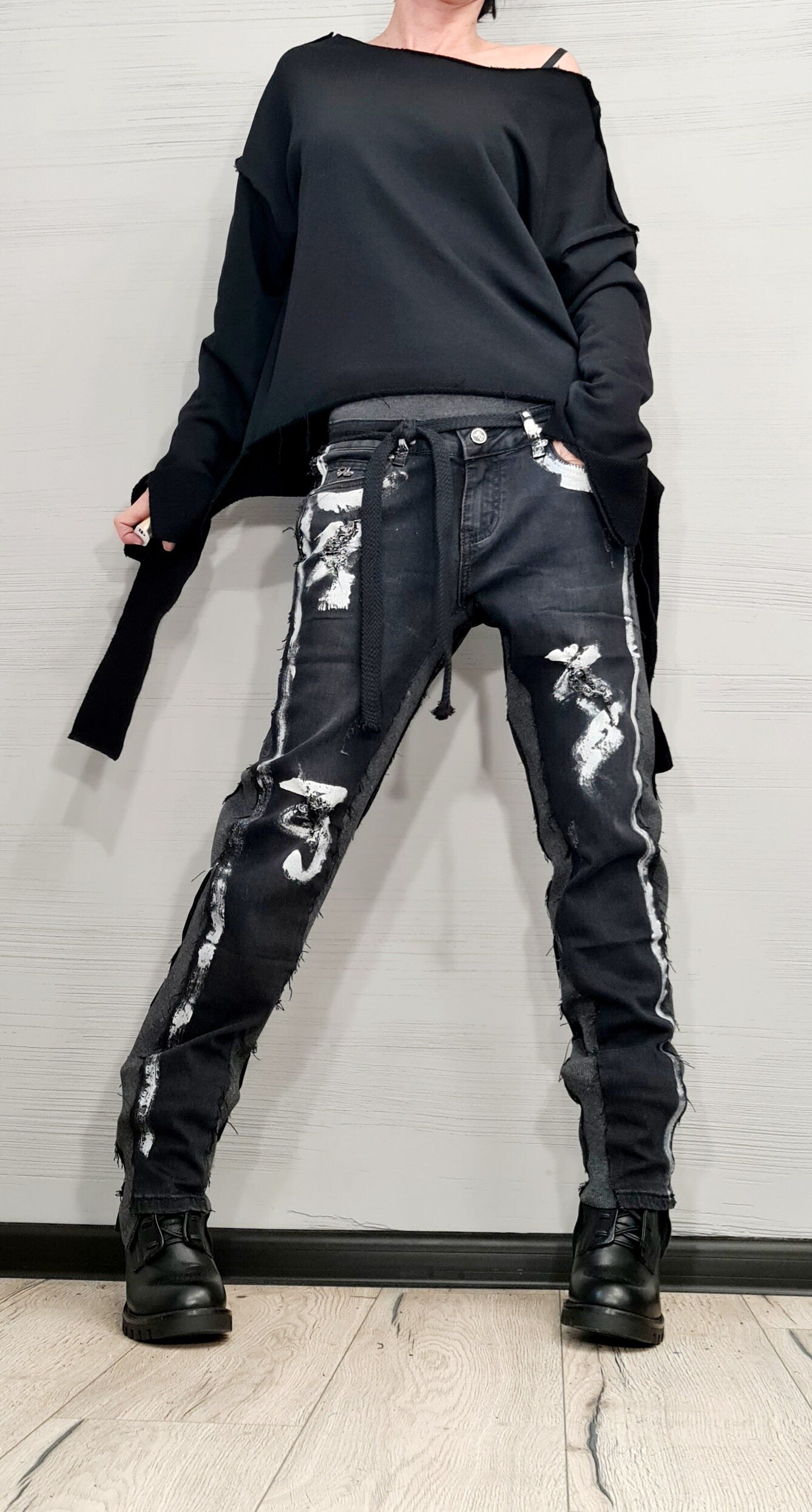 Extravagant Denim Pants, Casual Denim Harem Pants, Painted Streetwear Pants, Unisex Denim, Women Denim Harem
