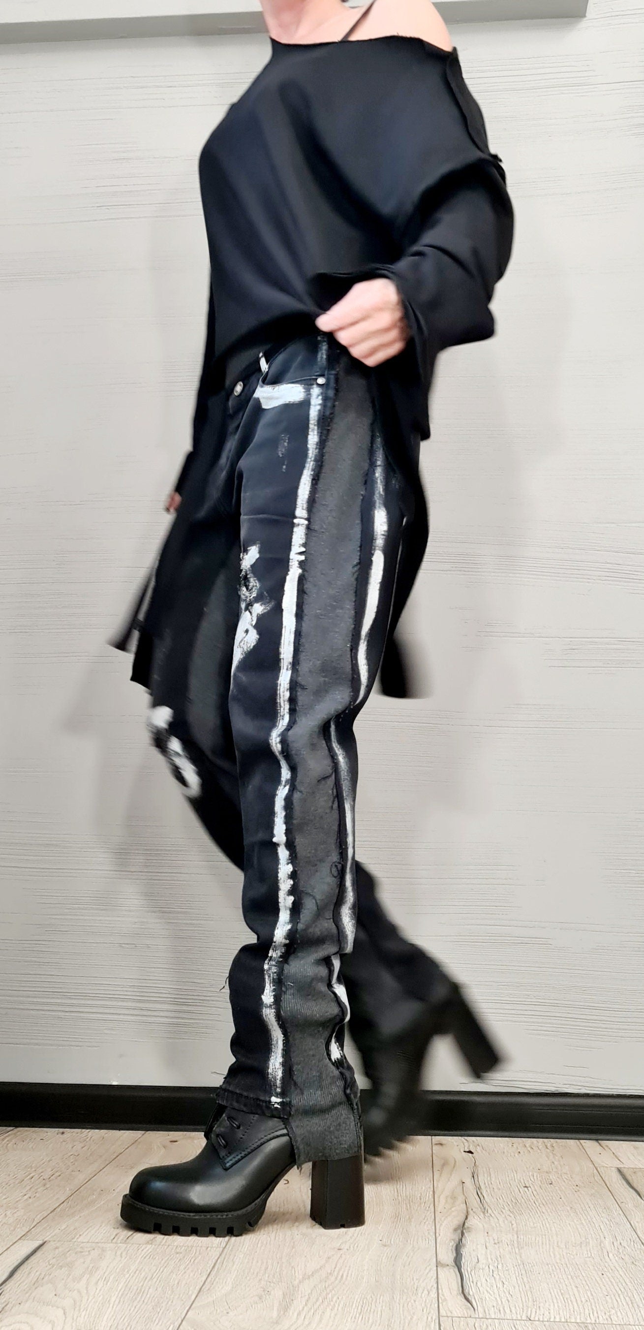 Extravagant Denim Pants, Casual Denim Harem Pants, Painted Streetwear Pants, Unisex Denim, Women Denim Harem