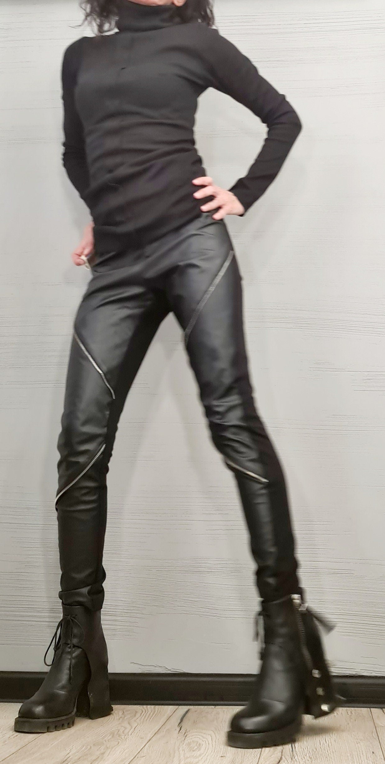 NEW COLLECTION Autumn Winter Black Extra Long Leggings, Eco Leather with zippers, Gothic Leggings, Sexy Slim Fit Black Leggings