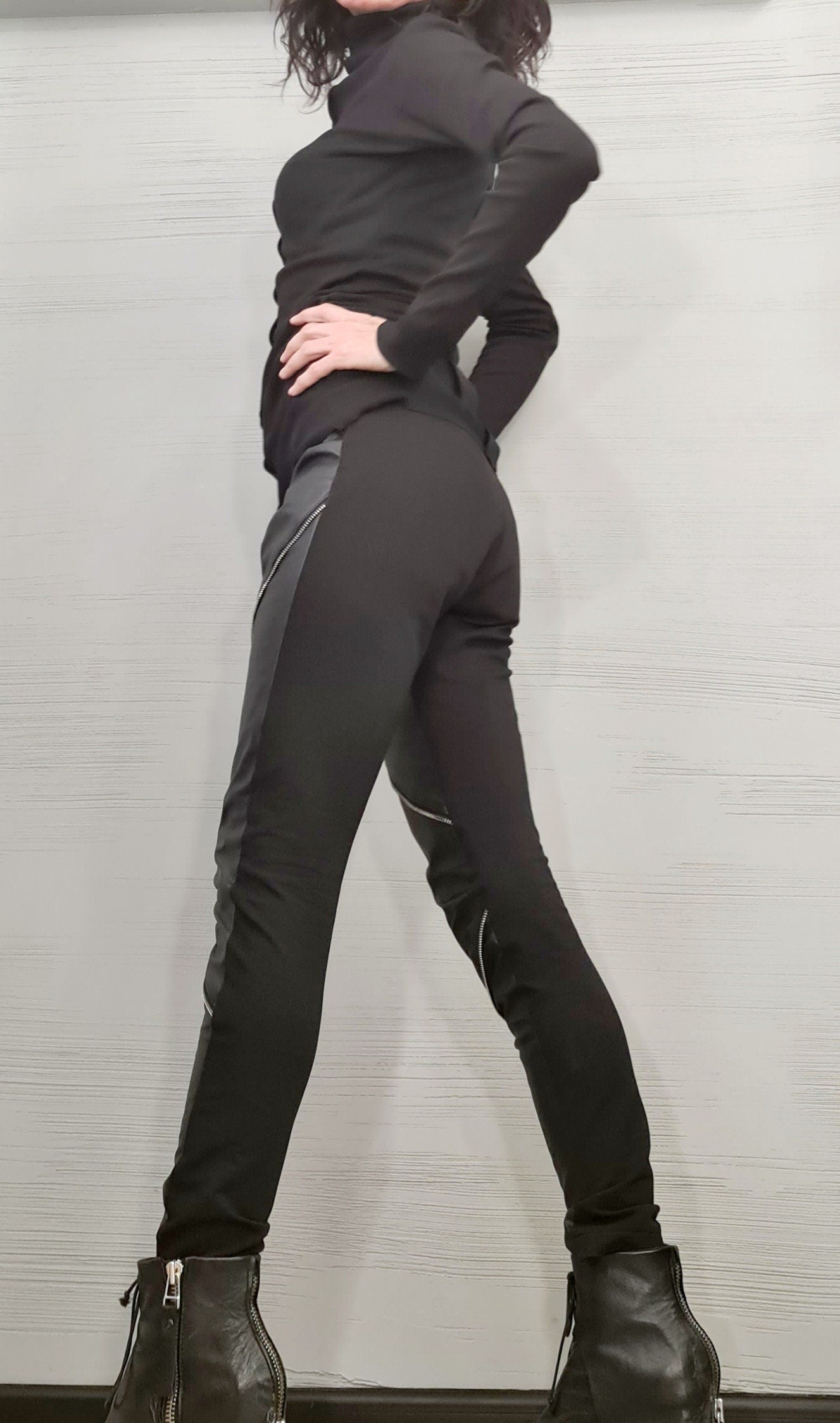 NEW COLLECTION Autumn Winter Black Extra Long Leggings, Eco Leather with zippers, Gothic Leggings, Sexy Slim Fit Black Leggings