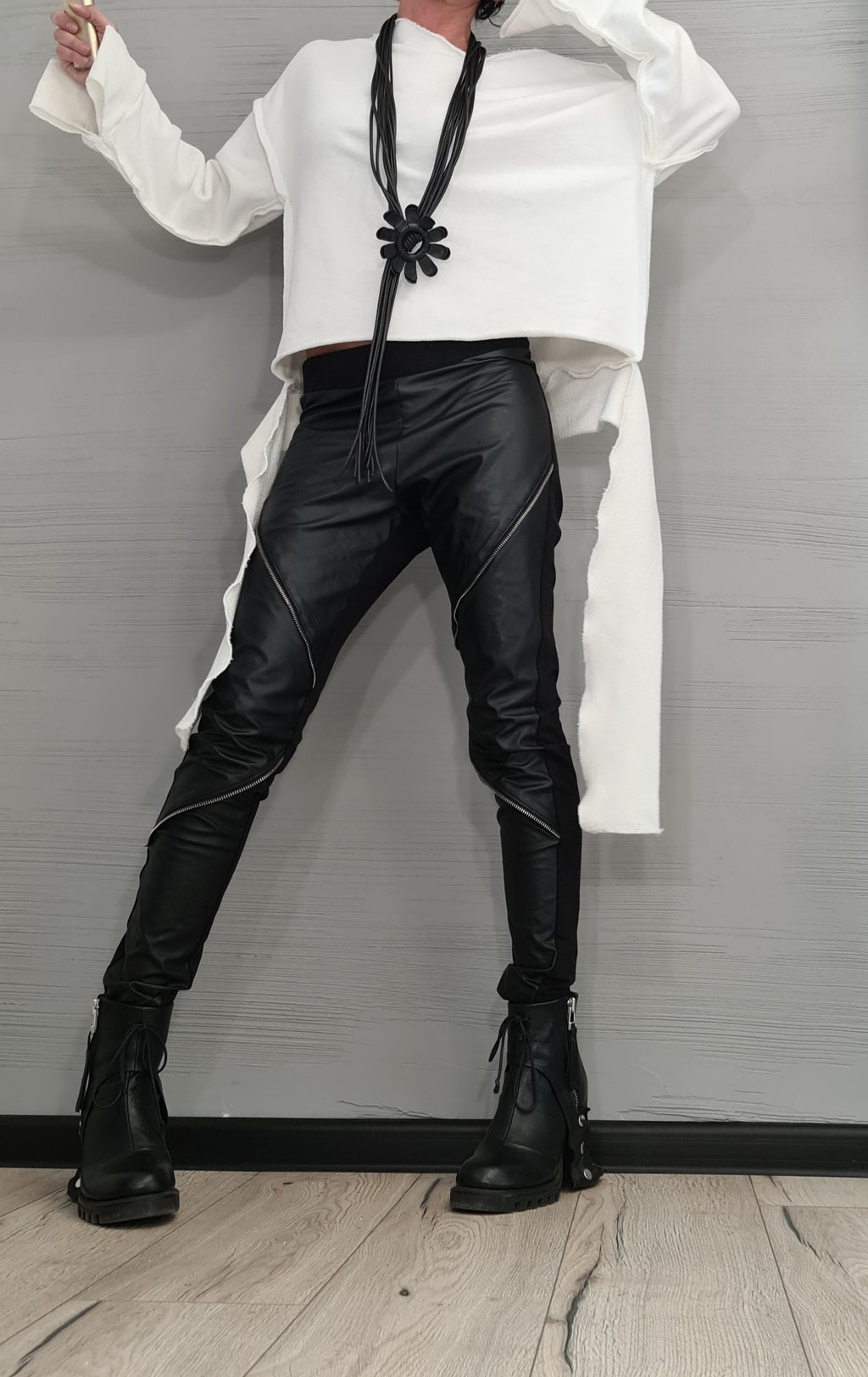 NEW COLLECTION Autumn Winter Black Extra Long Leggings, Eco Leather with zippers, Gothic Leggings, Sexy Slim Fit Black Leggings