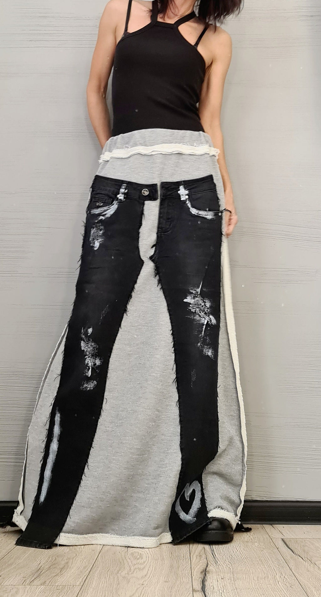 Extravagant Long Skirt, Silver Cotton, Denim Skirt, Deconstructed Avant Garde Skirt Outside Seam