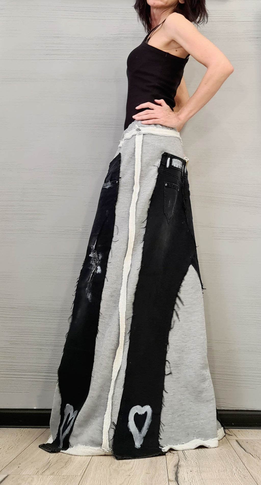 Extravagant Long Skirt, Silver Cotton, Denim Skirt, Deconstructed Avant Garde Skirt Outside Seam